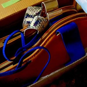 Silver flats 8 & 1/2  blue sandals size 10 + mini flat iron